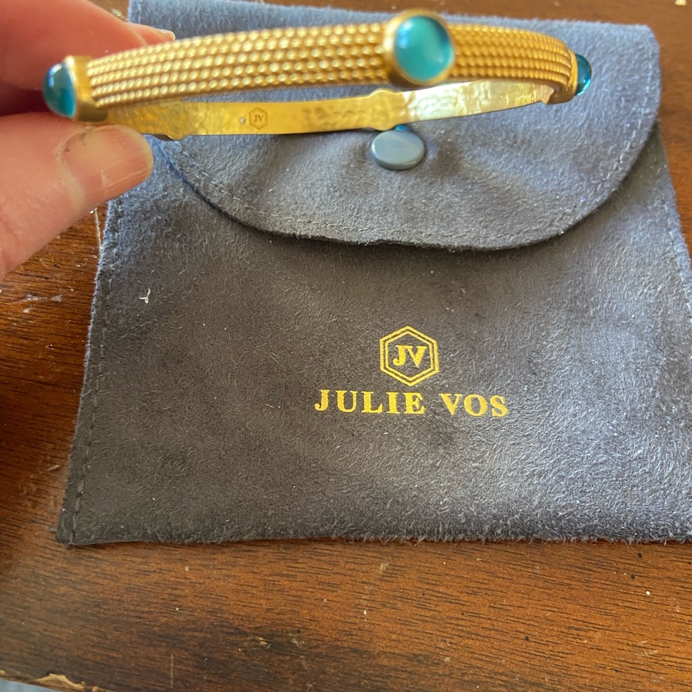 Bundle- 3 Julie Vos Gold Bracelets. One with Teal Cabochons, 2 gold ( no gem). - Picture 3 of 3